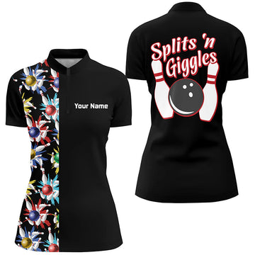Black Quarter-Zip Bowling Shirt for Women - Personalised Vintage N5521