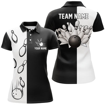 Women's Black & White Retro Bowling Polo Shirt N5012