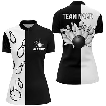 Women's Black & White Retro Bowling Quarter Zip Shirt N5012