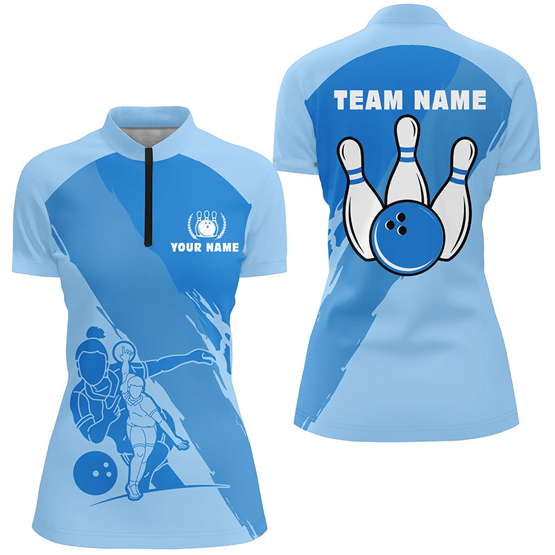 Custom Blue Short Sleeve Quarter Zip Bowling Shirt for Women N5300