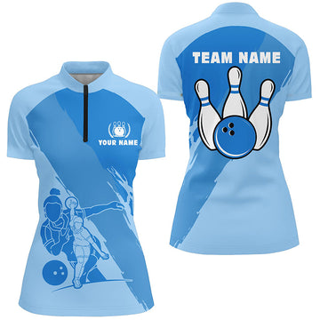 Custom Blue Short Sleeve Quarter Zip Bowling Shirt for Women N5300