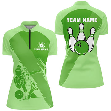 Custom Green Short Sleeve Quarter Zip Bowling Shirt for Women N5301