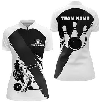 Women's Black & White Short Sleeve 3D Bowling Quarter Zip Shirt N5302
