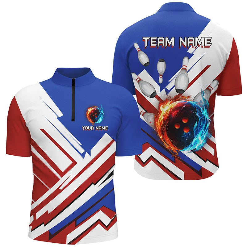 Men's Red, White & Blue Flame Bowling Polo, Quarter Zip Jersey N7879