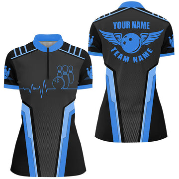 Custom Black & Blue 3D Quarter Zip Bowling Shirt for Women N4598