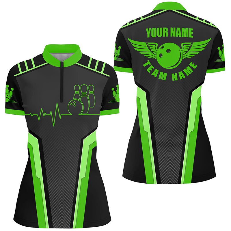 Custom Black & Green 3D Quarter Zip Bowling Shirt for Women N4599