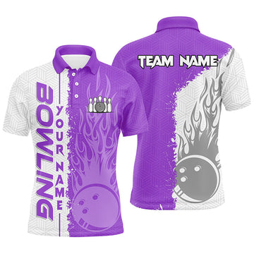 Men's Bowling Polo Shirt - Custom White & Purple Flame Design N7329