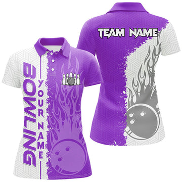 Women's Bowling Polo Shirt - Custom White & Purple Flame Design N7329
