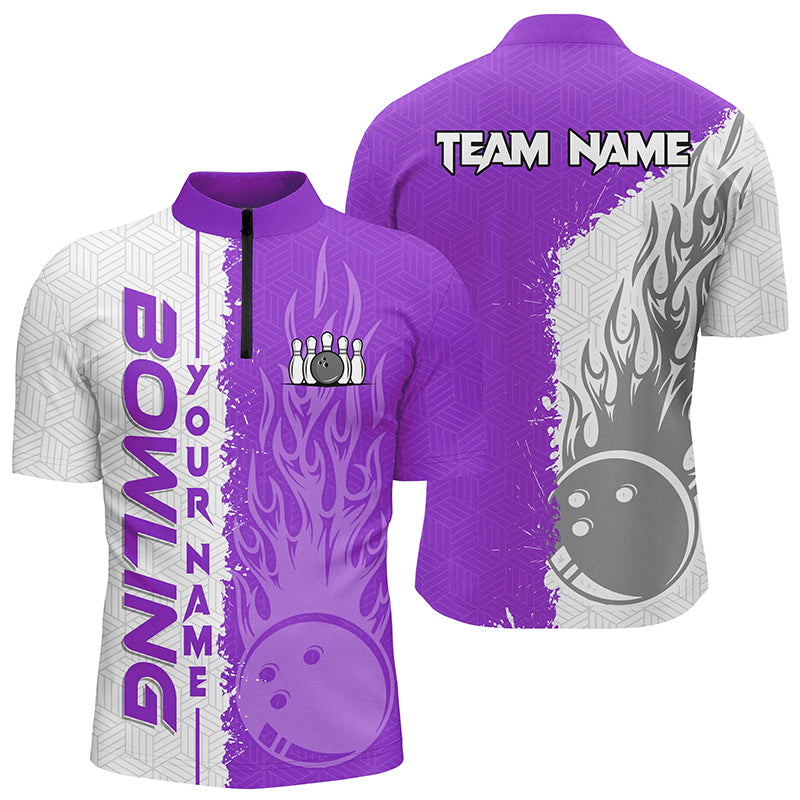 Men's Bowling Quarter Zip Shirt - Custom White & Purple Flame N7329