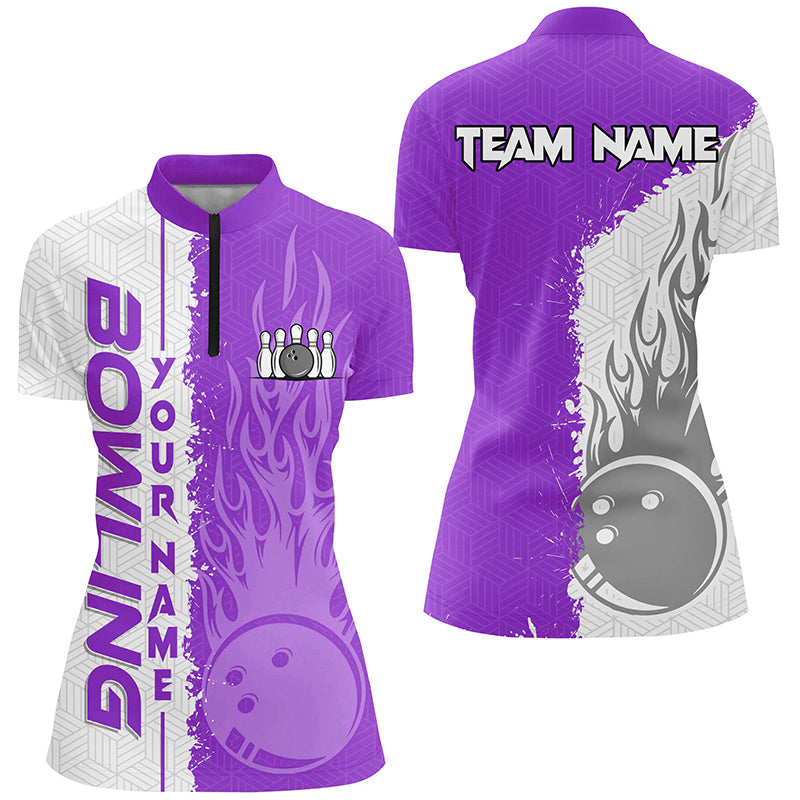 Women's Quarter Zip Bowling Jersey - Custom White & Purple Flame N7329