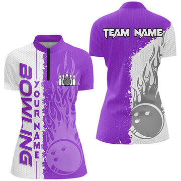 Women's Quarter Zip Bowling Jersey - Custom White & Purple Flame N7329