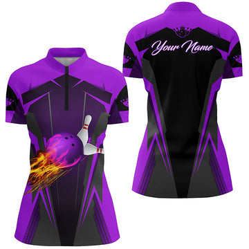 Personalised Women's Purple Quarter-Zip Bowling Shirt with Flame Design N6440