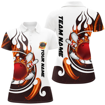 Women's White Bowling Polo Shirt with Flame Design N6449