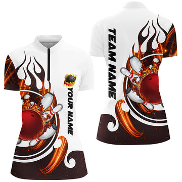 White Women's Bowling Quarter Zip Shirt with Flame Design N6449