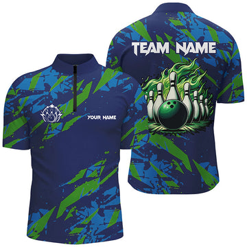 Blue & Green Camo Bowling Quarter-Zip Shirt for Men N7529
