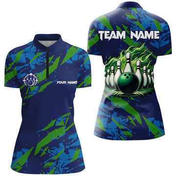 Women's Blue & Green Camo Bowling Quarter Zip Shirt N7529