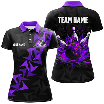 Women's Black & Purple Flame Camo Bowling Polo, Quarter Zip N7903