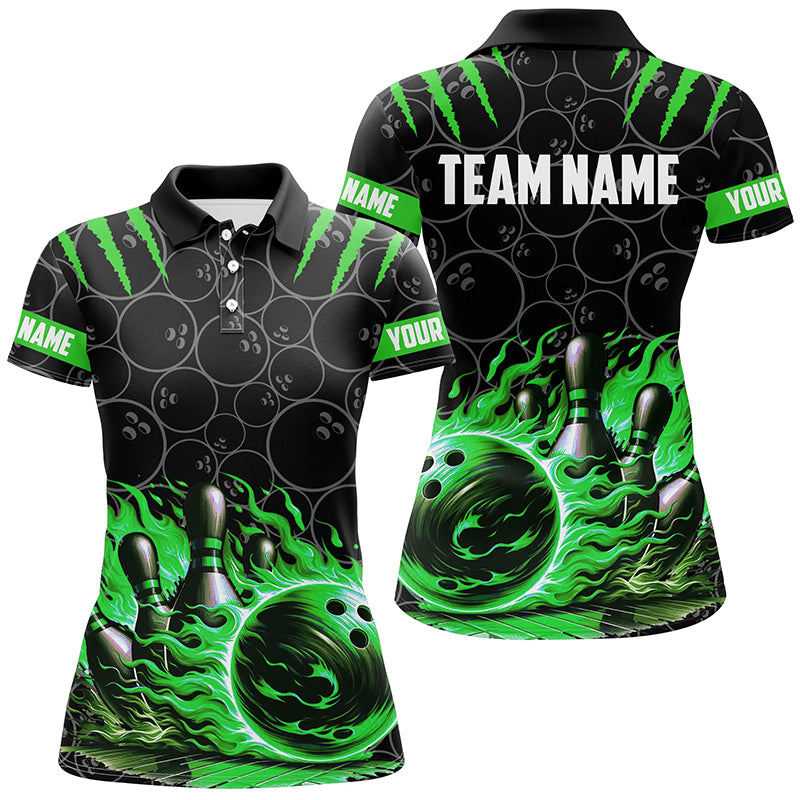 Women's Black & Green Flame Bowling Polo Shirt N7670