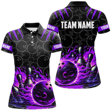 Women's Black & Purple Flame Bowling Polo Shirt N7671