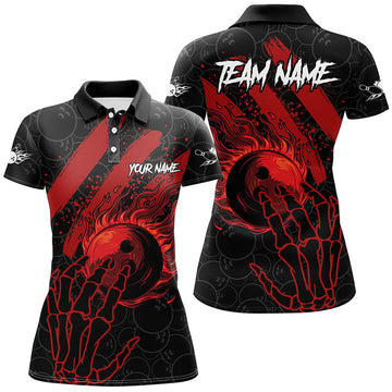 Women's Black/Red Flame Camo Bowling Polo, Quarter Zip Jersey N7914