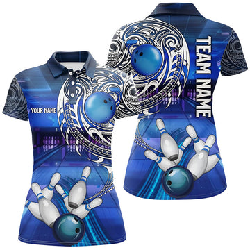 Custom Blue Tribal Bowling Polo Shirt for Women N8339