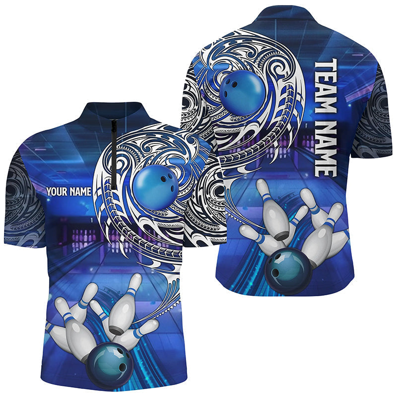Men's Custom Blue Tribal Bowling Polo, 1/4 Zip N8339
