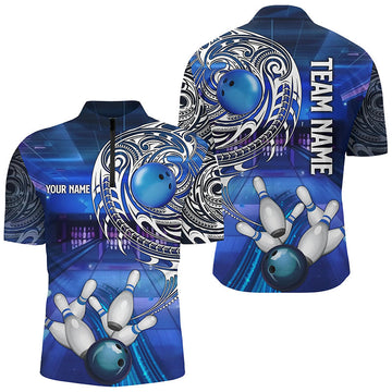 Men's Custom Blue Tribal Bowling Polo, 1/4 Zip N8339