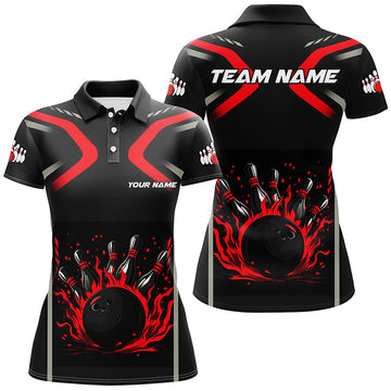 Custom Red & Black Flame Bowling Shirts for Women N8341