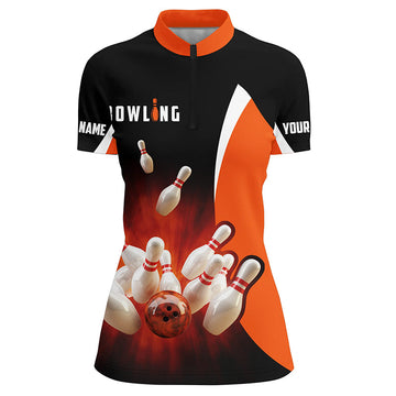 Women's Retro Black & Orange Bowling Quarter Zip Shirt N5054
