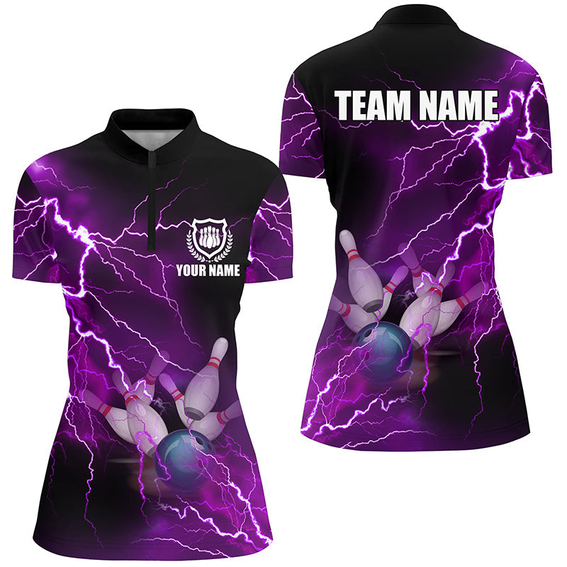 Women's Bowling Quarter Zip Jersey - Custom Purple Lightning Design N6220