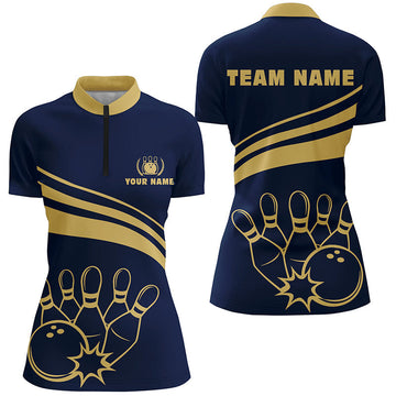 Women's Navy Bowling Quarter Zip Shirt - Gold Team Jersey N6707