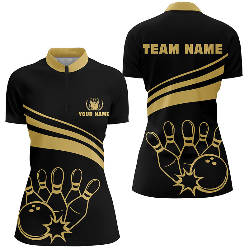 Women's Black Bowling Quarter Zip Shirt - Personalised Gold Team Jersey N6708