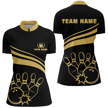 Women's Black Bowling Quarter Zip Shirt - Personalised Gold Team Jersey N6708