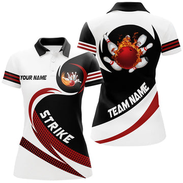 Women's Black & White Bowling Polo Shirt - Custom Flame Design N6717