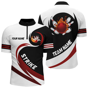 Black & White Men's Bowling Quarter Zip Shirt - Custom Flame Strike Team Jersey N6717