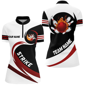 Women's Black & White Bowling Quarter Zip Shirt - Custom Flame Team Jersey N6717