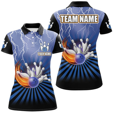 Women's Blue Vintage Bowling Polo Shirt - Custom Lightning Storm Design N7080