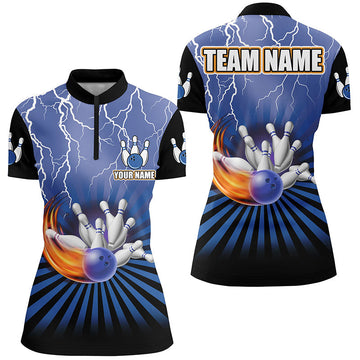 Women's Blue Vintage Bowling Team Quarter Zip Shirt N7080