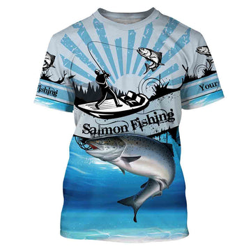 Salmon fishing blue jerseys Custom Name 3D All Over Printed Shirts, fishing tournament Tshirt - NPQ577