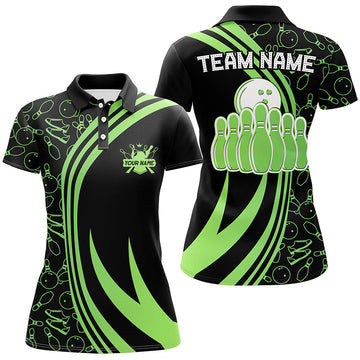 Black Women's Bowling Polo Shirt - Custom Green Neon Team Jersey N7535