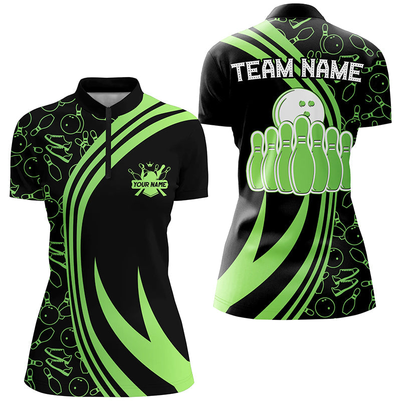 Black Women's Bowling Quarter Zip Shirt - Custom Green Neon Team Jersey N7535