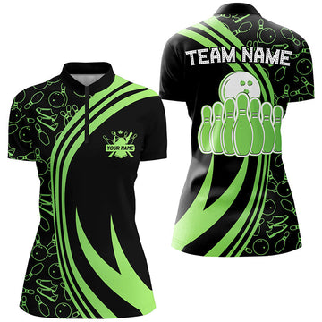 Black Women's Bowling Quarter Zip Shirt - Custom Green Neon Team Jersey N7535