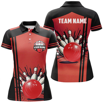 Women's Black & Red Retro Bowling Polo Quarter Zip N7687