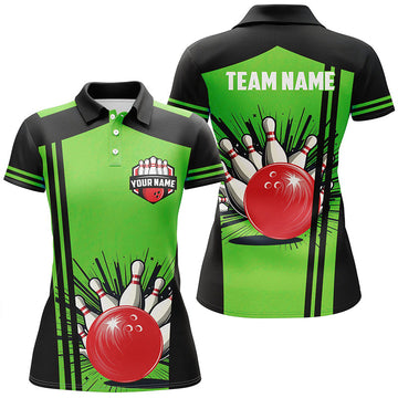 Women's Black & Green Retro Bowling Polo, Quarter Zip N7688