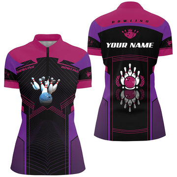 Personalised Purple Short Sleeve Quarter Zip Bowling Shirt for Women N4623