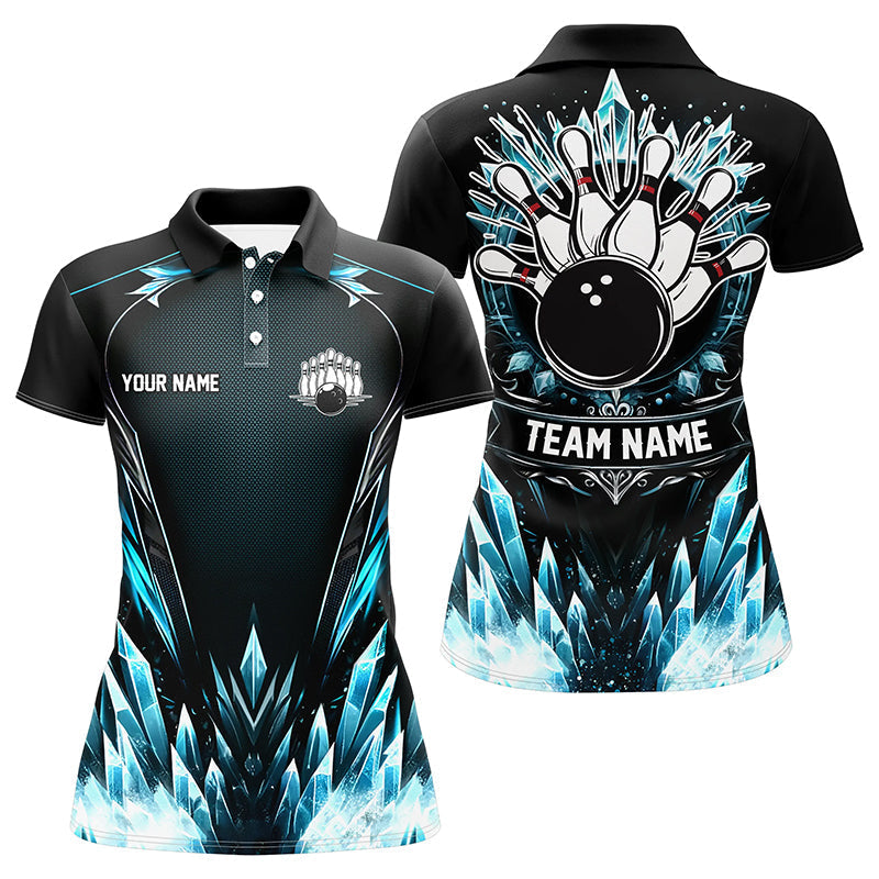 Icy Blue Women's Bowling Polo Shirt - Custom Black Team Jersey N7212