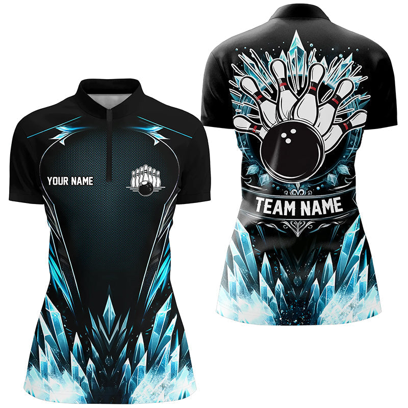 Icy Blue Women's Bowling Quarter Zip Shirt - Custom Black Team Jersey N7212