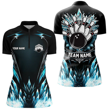 Icy Blue Women's Bowling Quarter Zip Shirt - Custom Black Team Jersey N7212
