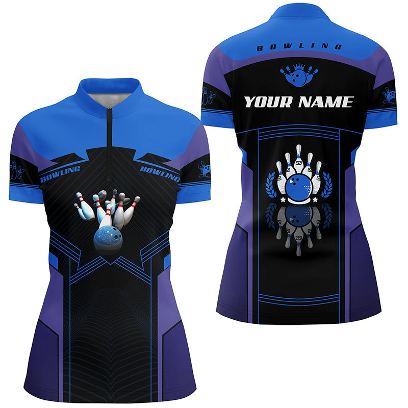 Custom Blue Quarter Zip Bowling Shirt for Women N5350