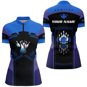 Custom Blue Quarter Zip Bowling Shirt for Women N5350